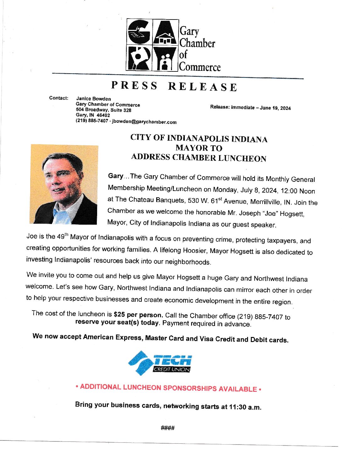 Gary’s Chamber of Commerce Press Release